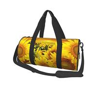 Bolsa de equipaje de viaje redonda de gran capacidad con plumas dibujadas a mano coloridas en color blanco, adecuada para ejercicio, viajes, muchas actividades al aire libre, campo de girasoles, talla