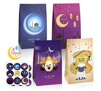 Bolsa de Fiesta de Ramadan,Eid Decoración Eid con el regalo pegatinas,Ramadan bolsa de papel,Bolsas de Dulces Eid Mubarak,Juego de Bolsas de Caramelos de Papel (azul violeta amarillo)