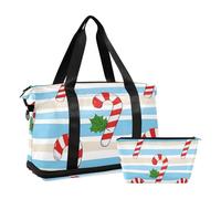 Bolsa de fin de semana con diseño de bastón de caramelo rojo y blanco, con bolsa de aseo para viajes de negocios, gran capacidad, Rayas rojas y blancas de bastón de caramelo de Feliz Navidad, 1 size