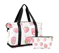 Bolsa de fin de semana con diseño de fresas rosas sobre fondo blanco, bolsa de fin de semana con correa ajustable para viajes, resistente al agua, Fresas rosas sobre fondo blanco, 1 size