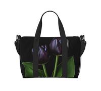 Bolsa de fin de semana con estampado de tulipanes morados, bolsa de gimnasio, bolsa de hospital, bolsa de viaje personal, color negro, talla única, color negro, talla única, Black, Talla única