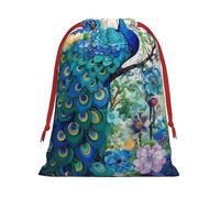 Bolsa de franela con cordón ajustable y estampado de pavo real azul al óleo, bolsa para envolver regalos navideños o de cumpleaños