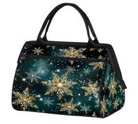 Bolsa de gimnasio con copos de nieve dorados de Navidad para hombres y mujeres, bolsa de lona impermeable para fin de semana, bolsa de viaje ligera para equipaje de mano