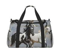 Bolsa de gimnasio con diseño de cuervo y pájaros, para hombres y mujeres, bolsa de noche con compartimento para zapatos, bolsas de viaje y entrenamiento, Caballos blancos y negros corriendo, Talla