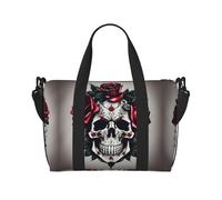 Bolsa de gimnasio con estampado de calavera de rosa roja para mujer, bolsa de fin de semana, bolsa de artículos personales, bolsa de hombro para mujeres y hombres, Negro -, Talla única