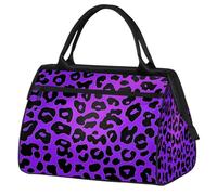 Bolsa de gimnasio con estampado de leopardo morado para hombres y mujeres, bolsa de lona impermeable para fin de semana, bolsa ligera para equipaje de mano