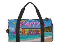 Bolsa de gimnasio con texto en inglés "Happy Birthday on the Beach" para hombres y mujeres, bolsa de gimnasio impermeable, bolsa de lona grande para viajes y entrenamiento