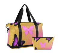 Bolsa de gimnasio grande con diseño de mariposas y animales, color dorado, magenta, degradado, bolsa de fin de semana con bolsa de aseo para entrenamiento, juego de 2 piezas, mariposa animal dorado
