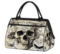 Bolsa de gimnasio vintage con diseño de calavera de flores para hombres y mujeres, diseño retro de esqueleto, música, viajes, deportes, bolsa de lona impermeable para fin de semana, bolsa de noche