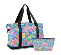 Bolsa de gimnasio vintage con diseño de flores azules melocotón y bolsa de aseo para deportes, juego de 2 piezas, azul melocotón (Vintage Flower Blue Peach), 1 size