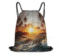 Bolsa De Gimnasiobolsas De Gimnasia para Playa Viaje Natación 36X42Cm Ajustable Fácil De Doblar Bolsa De Cuerdas Palmeras, Olas del Océano, Puesta De Sol.