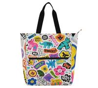 Bolsa de graffiti de dibujos animados fresca y colorida para niños, mujeres y hombres, bolsa de mano gótica grande, bolsa de playa con bolsillos con cremallera para escuela, trabajo, viajes, escuela