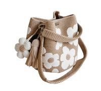 Bolsa de hombro hecha a mano con diseño de flores de ganchillo, para vacaciones de verano, viajes, para mujer, de malla de color beige, con bonito dije de borla de flores, White, Talla única