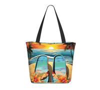 Bolsa De Hombro Para La Compra Chanclas Y Escena De Playa Tropical. Bolsas De Playa Multiusos Bolso Tote Portátiles Bolsa De La Compra Para Uso Diario Playa Trabajar