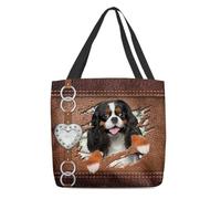 Bolsa De Hombro Para La Compra Patrón De Rayado De Cuero De Cavalier King Charles Spaniel Shopping Bag Reutilizable Bolsas Tote Bag Mujere Bolsa De La Compra Para Regalo Útil Uso Diario Playa