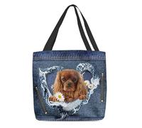 Bolsa De Hombro Para La Compra Patrón De Vaqueros Rotos Con Diseño De Cavalier King Charles Spaniel Ligeras Bolsas Tote Bag Mujere Bolsas De Playa Para Viaje Uso Diario Regalo Útil