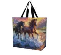 Bolsa de hombro para mujer, diseño de caballos corriendo en el río, bolsa de compras, reutilizable, ligera, bolsa de almacenamiento de viaje