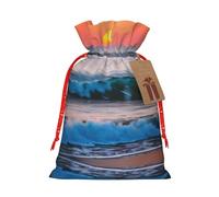 Bolsa de lino de arpillera con estampado de olas del mar y atardecer con atardecer y amanecer, regalos de fiesta de Navidad, bolsa de regalo para regalos, talla S