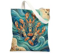 Bolsa de lona abstracta de lujo con langosta para ir de compras, 13 x 15 pulgadas, para verano, playa, costera, vida marina, reutilizable, bolsa de impresión para mujeres, pintura estética de playa