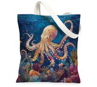 Bolsa de lona acolchada con diseño de pulpo oceánico para ir de compras, 13 x 15 pulgadas, bolsa reutilizable con estampado de vida marina costera fresca para mujeres, pintura estética subacuática