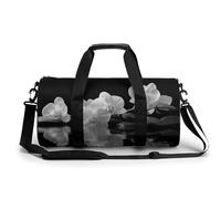 Bolsa de lona cilíndrica con diseño de flores negras y blancas sobre rocas negras, para spa, viajes, gimnasio, para mujeres y hombres, bolsa de deporte con correa para el hombro