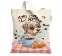 Bolsa de lona color café para mujer, estilo casual, juguetón, croissant, color beige, lavable, reutilizable, estética, ideas para viajes de compras, oficina, biblioteca, casual, 13 x 15 pulgadas