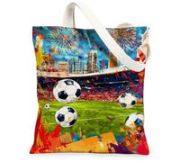 Bolsa de lona con balón de fútbol para mujer, deportiva, dinámica, fuegos artificiales, horizonte de la ciudad, eventos deportivos, color verde, lavable, reutilizable, bolsas pequeñas, ideas para