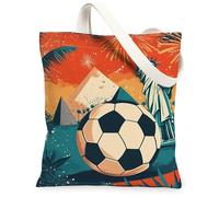 Bolsa de lona con balón de fútbol para mujer, pirámide tropical de verano, estatua de la libertad, color naranja, lavable, reutilizable, bolsa de mano gráfica, ideas para viajes al aire libre, día de