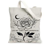 Bolsa de lona con cita celestial de rosa gótica, 33 x 38 cm | Estética gótica, diseño de luna creciente, estrellas celestiales, cita introspectiva, líneas de tinta minimalistas