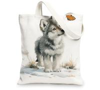Bolsa de lona con diseño artístico de lobo, bolsa de compras reutilizable, ligera, lavable, correa de hombro para gimnasio, Blanco, 13x15 Inch
