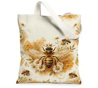 Bolsa de lona con diseño de abeja, diseño floral de panal de abeja, crisantemo, primavera, color dorado, 13 x 15 pulgadas