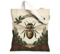 Bolsa de lona con diseño de abeja para mujer, diseño vintage de acebo a cuadros, color verde, lavable, reutilizable, estética, ideas para viajes, trabajo, compras, librería, 13 x 15 pulgadas