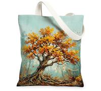 Bolsa de lona con diseño de árbol, hojas artísticas de naturaleza, raíces, otoño, naranja, bolsa de comestibles, 13 x 15 pulgadas, Naranja, 13x15 Inch