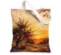 Bolsa de lona con diseño de árbol, paisaje natural, puesta de sol, pájaros, otoño, naranja, estética, bolsa de 13 x 15 pulgadas