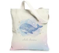 Bolsa de lona con diseño de ballena para mujer, diseño de estrellas, burbujas, color azul, lavable, reutilizable, ideas para compras, viajes, oficina, biblioteca, casual, 13 x 15 pulgadas