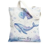 Bolsa de lona con diseño de ballena para mujer, fantástica, juguetona, bolas de aire, burbujas, color azul, lavable, reutilizable, para compras, brunch, parque, biblioteca, excursiones, 13 x 15