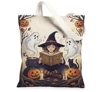 Bolsa de lona con diseño de bruja, calabazas festivas, fantasma, Halloween, naranja, para uso diario, 13 x 15 pulgadas, Naranja, 13x15 Inch