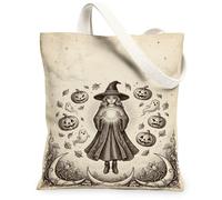 Bolsa de lona con diseño de bruja, calabazas vintage, fantasmas, Halloween, color beige, estética, 13 x 15 pulgadas, Beige, 13x15 Inch