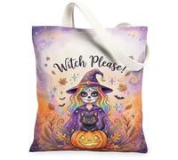 Bolsa de lona con diseño de bruja, diseño de calabazas de gato festivo para Halloween, color violeta, bolsa pequeña de 13 x 15 pulgadas, Púrpura, 13x15 Inch