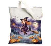 Bolsa de lona con diseño de bruja, fantasma, gato, fantasma, Halloween, violeta, bolsas de compras de 13 x 15 pulgadas, Púrpura, 13x15 Inch