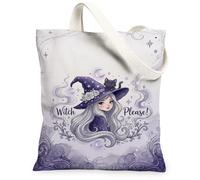 Bolsa de lona con diseño de bruja para mujer, fantasía, gato, estrellas, Halloween, violeta, bolsa pequeña para familiares, amigos, colegas, lectura, amor, 13 x 15 pulgadas