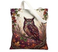 Bolsa de lona con diseño de búho, hojas artísticas de naturaleza, rama de otoño, color marrón, bolsa de 13 x 15 pulgadas, Marrón, 13x15 Inch