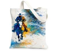 Bolsa de lona con diseño de caballo artístico, diseño vintage de acuarela, bolsas de comestibles reutilizables, ligera y lavable con correa para el hombro, Blanco, 13x15 Inch