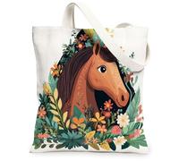 Bolsa de lona con diseño de caballo de primavera para ir de compras, 13 x 15 pulgadas, divertida bolsa de estampado de plantas, flores, animales, reutilizable, para mujer, bonita hoja botánica