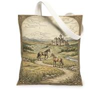 Bolsa de lona con diseño de caballos para mujer, estilo vintage, rústico, castillo, montañas, ninguno, beige, lavable, reutilizable, estética, ideas, Beige, 13x15 Inch