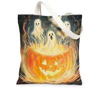 Bolsa de lona con diseño de calabaza para mujer, diseño de llamas fantasmas, Halloween, color naranja, lavable, reutilizable, para compras, brunch, parque, biblioteca, excursiones, 13 x 15 pulgadas
