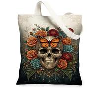 Bolsa de lona con diseño de calavera para mujer, diseño bohemio, mariposa, rosas, Halloween, naranja, lavable, reutilizable, para uso diario, ideas para viajes de compras, oficina, biblioteca, casual
