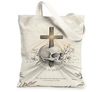 Bolsa de lona con diseño de calavera para mujer, espiritual, minimalista, flores cruzadas, ninguna, beige, lavable, reutilizable, bolsa de mercado, ideas para compras, viajes, oficina, biblioteca