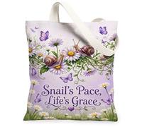 Bolsa de lona con diseño de caracoles para mujer, margaritas fantásticas de primavera, mariposas, primavera, violeta, lavable, reutilizable, para compras, brunch, parque, biblioteca, excursiones, 13 x