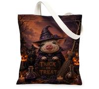 Bolsa de lona con diseño de cerdos, sombrero de bruja de gato juguetón para Halloween, color negro, bolsas de mano de 13 x 15 pulgadas, Negro, 13x15 Inch
